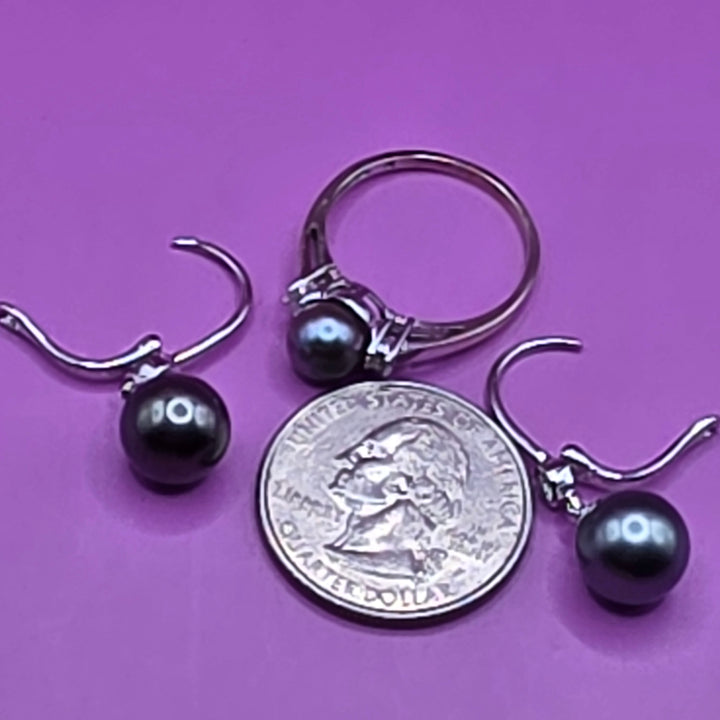 Gold, Grey Pearl & Diamond Earrings & Ring Set