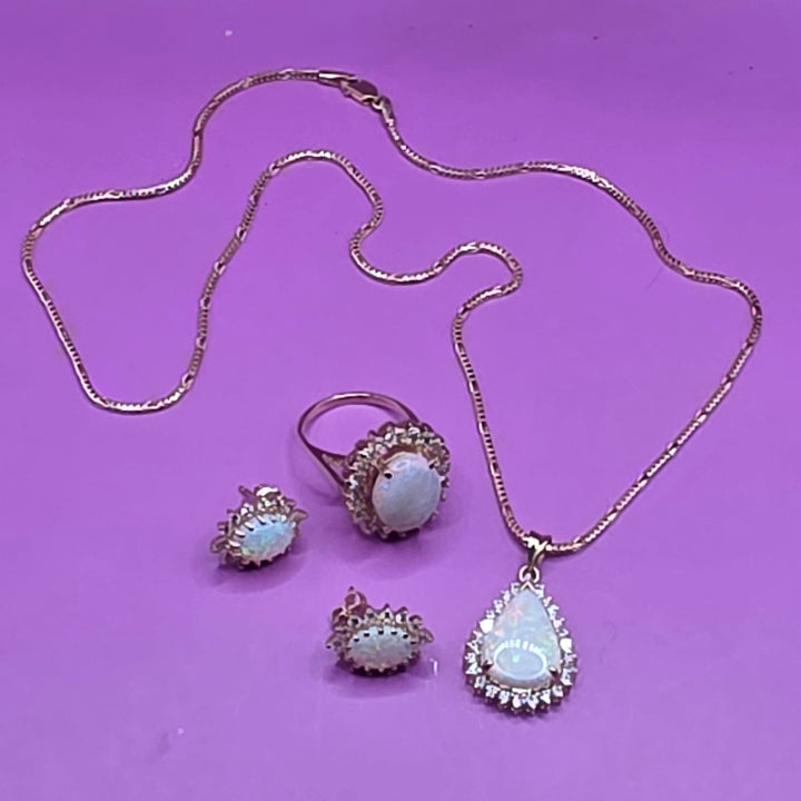 14K Gold, Diamond, Opal Ring, Earrings and Necklace Set