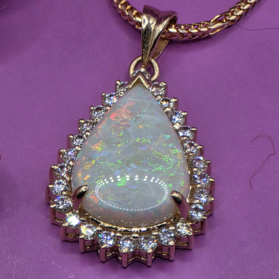 14K Gold, Diamond, Opal Ring, Earrings and Necklace Set