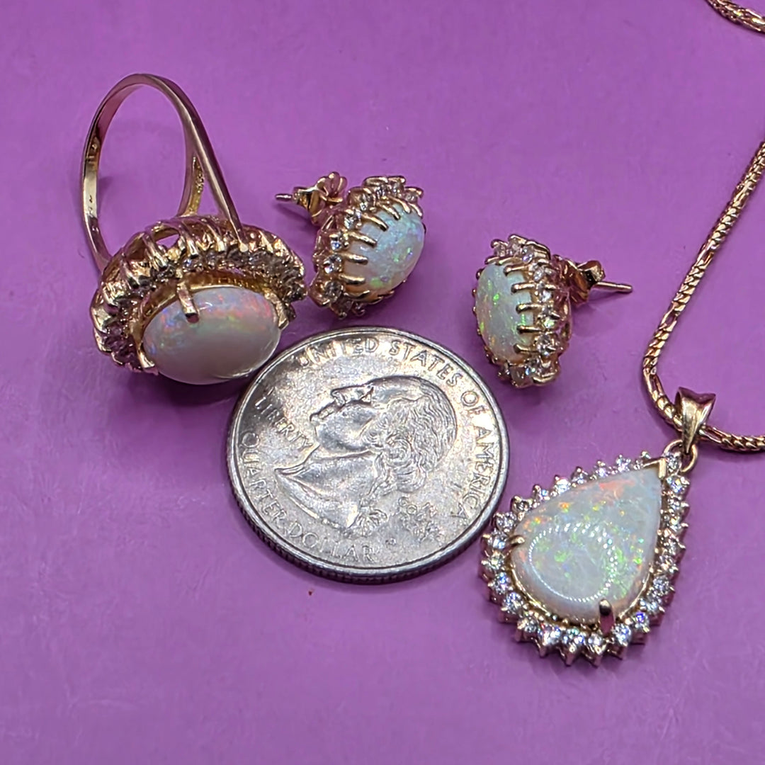 14K Gold, Diamond, Opal Ring, Earrings and Necklace Set