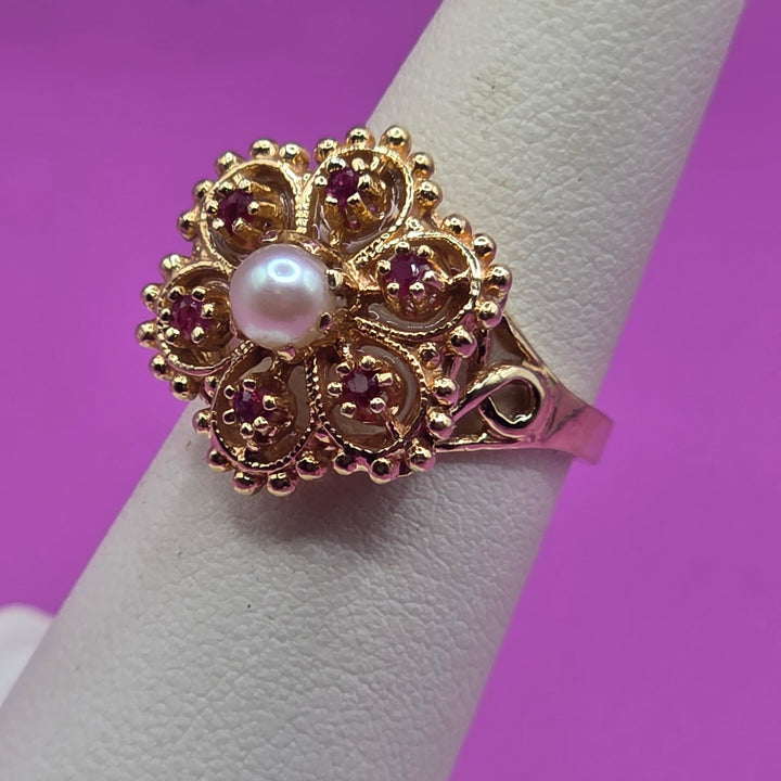 Gold, Ruby & Pearl Open Work Filigree Ring