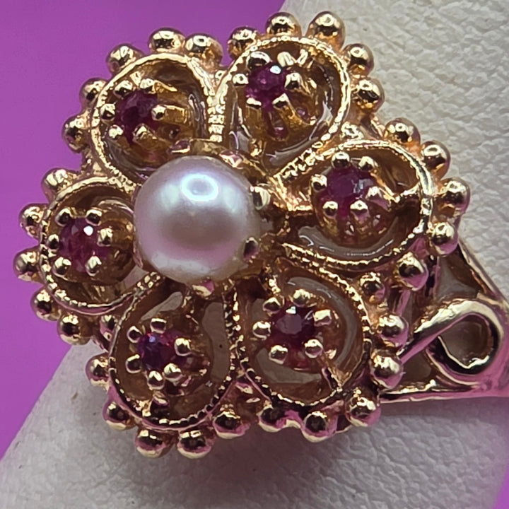 Gold, Ruby & Pearl Open Work Filigree Ring