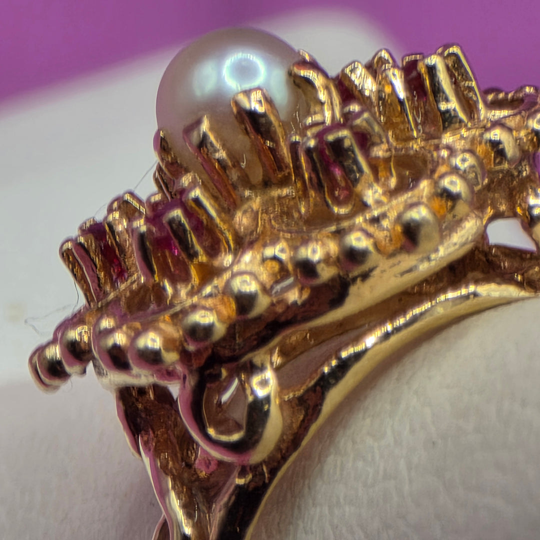 Gold, Ruby & Pearl Open Work Filigree Ring