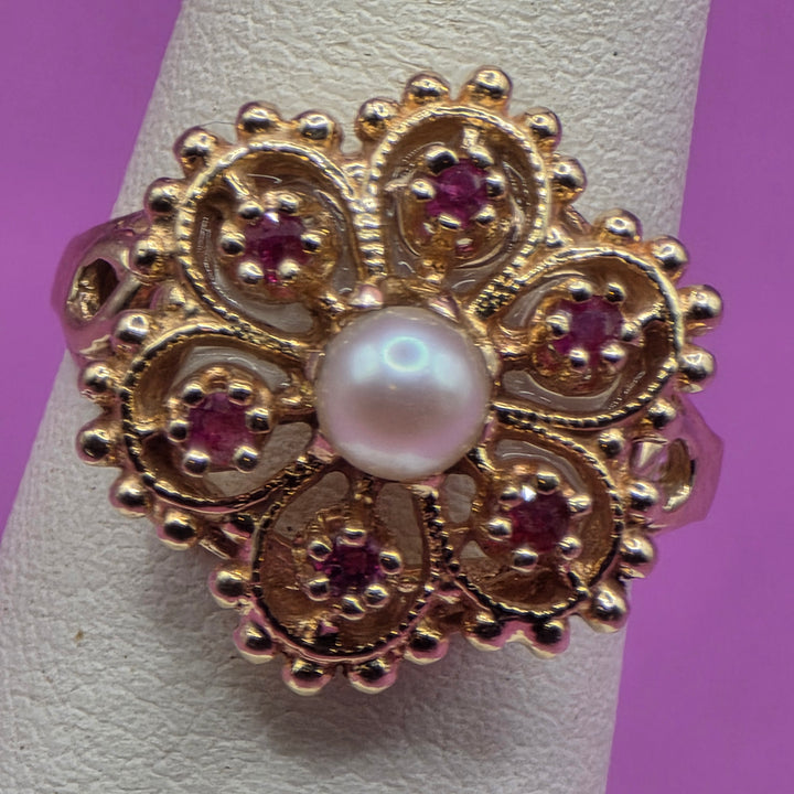 Gold, Ruby & Pearl Open Work Filigree Ring
