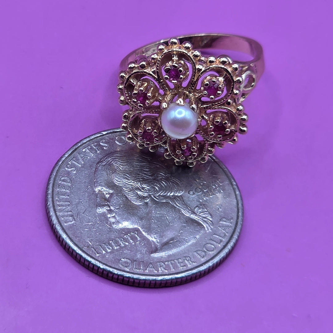 Gold, Ruby & Pearl Open Work Filigree Ring