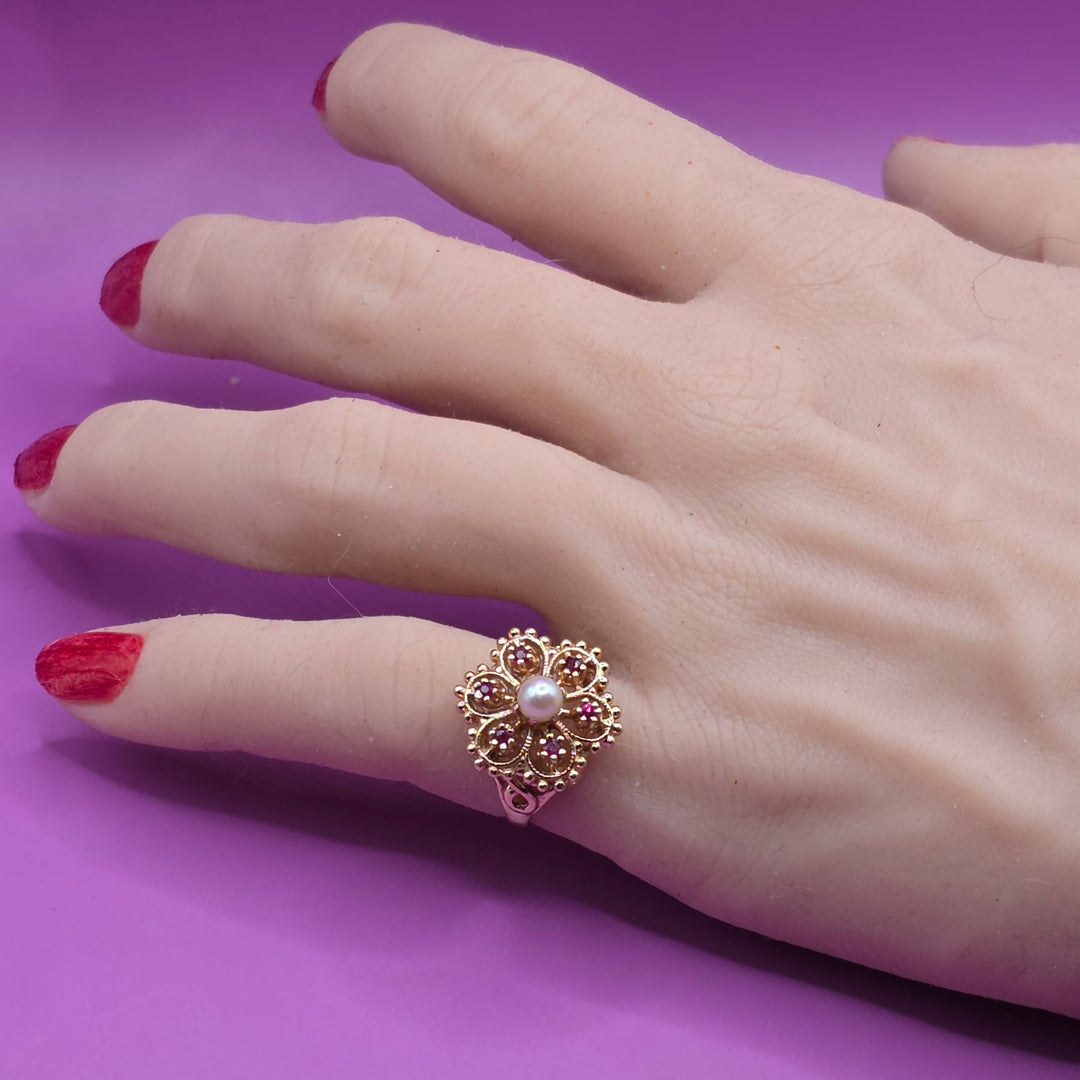 Gold, Ruby & Pearl Open Work Filigree Ring