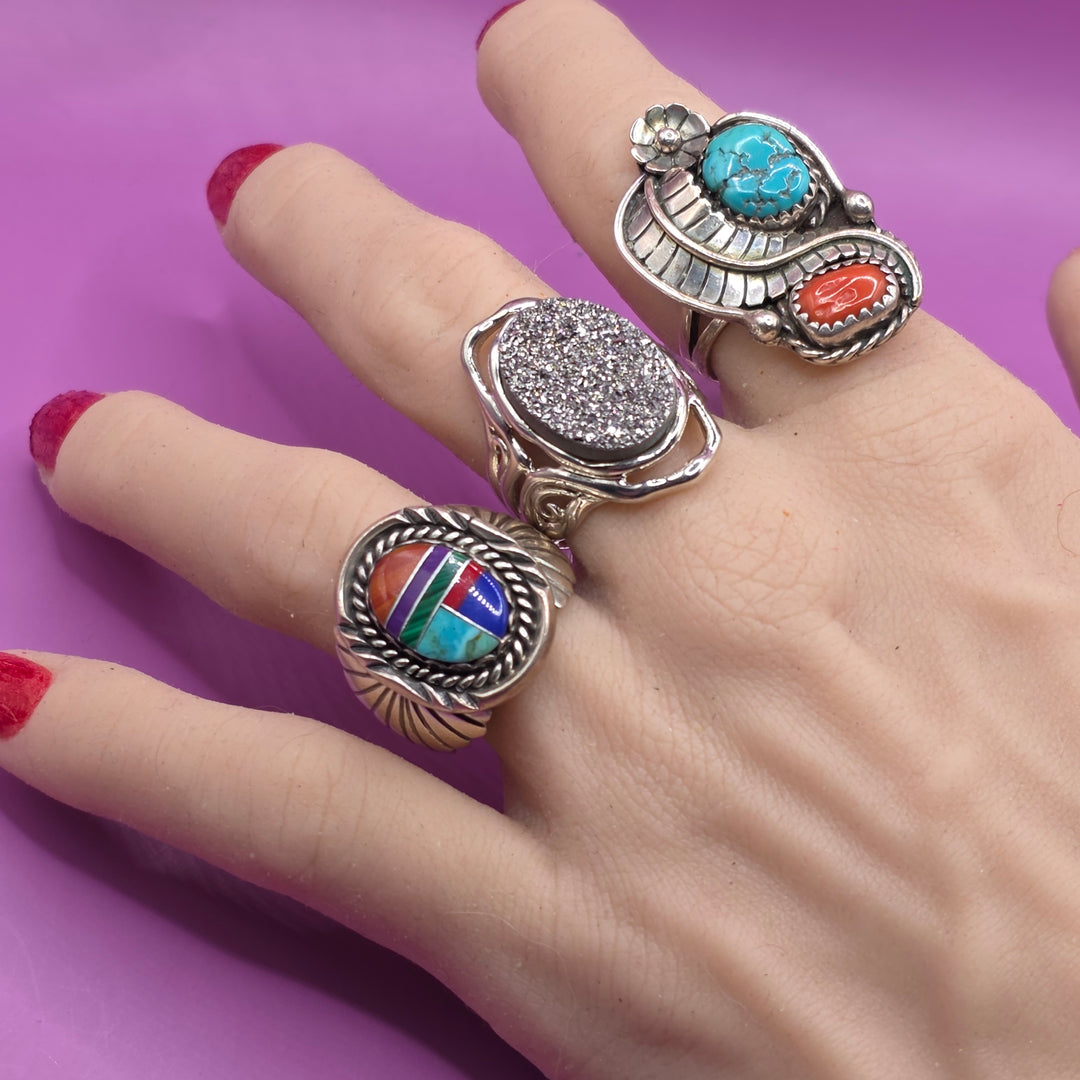 Sterling Silver Oval Rough Turquoise & Coral Ring