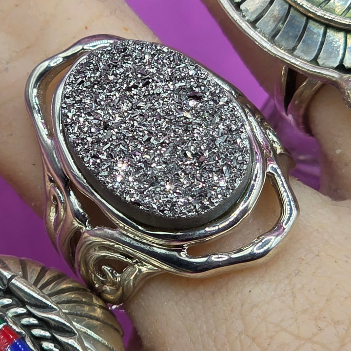 Sterling Silver Druzy (Drusy) Quartz Squiggle Top Ring