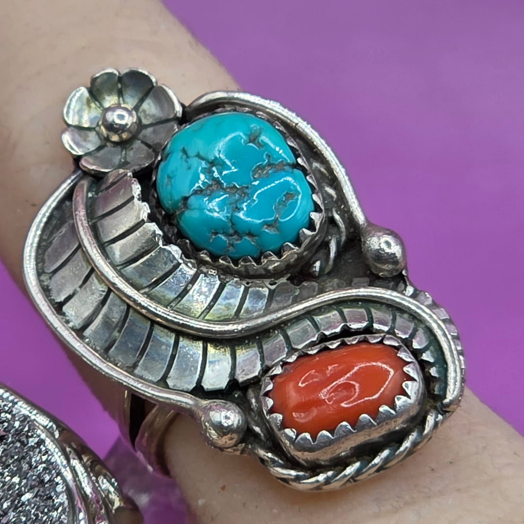 Sterling Silver Oval Rough Turquoise & Coral Ring