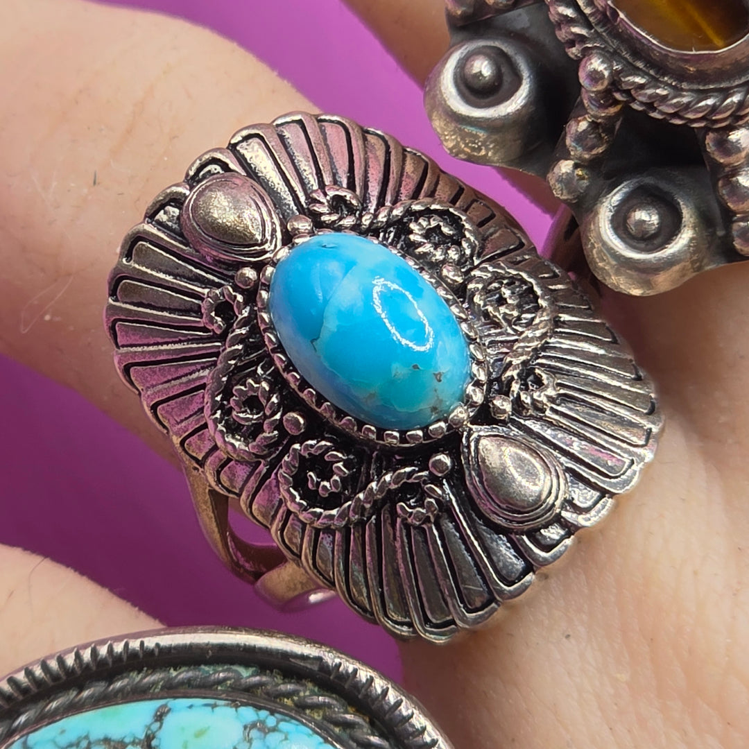 Sterling Silver Long Oval Turquoise Filigree Ring