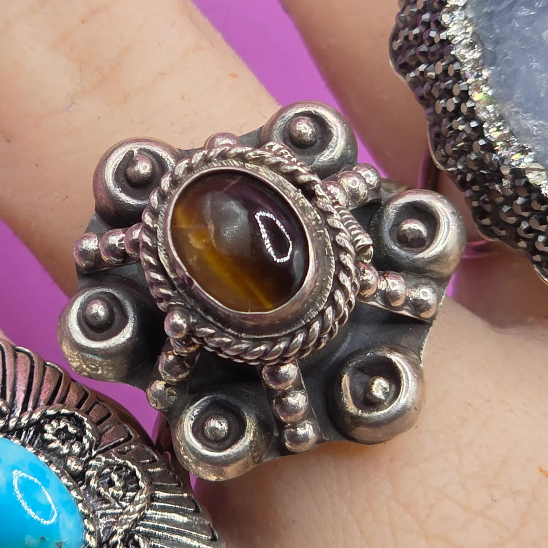 Sterling Silver & Tiger Eye Poison Ring - Estate Jewelry Priced Right