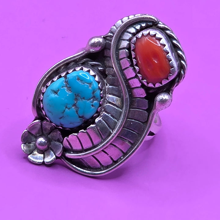 Sterling Silver Oval Rough Turquoise & Coral Ring