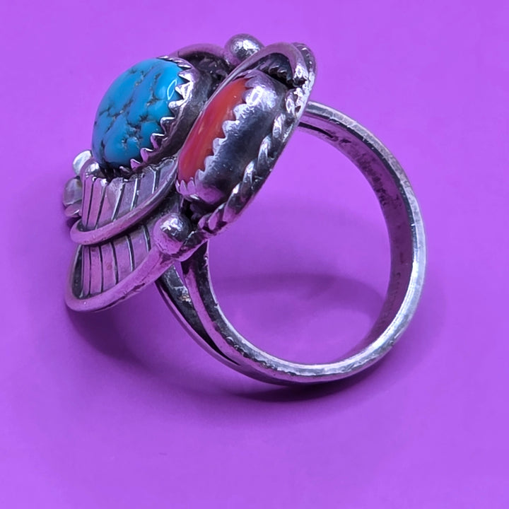 Sterling Silver Oval Rough Turquoise & Coral Ring
