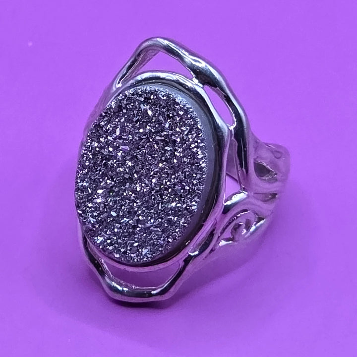 Sterling Silver Druzy (Drusy) Quartz Squiggle Top Ring