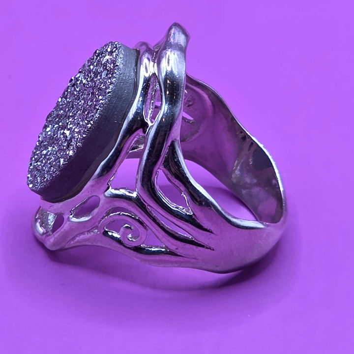 Sterling Silver Druzy (Drusy) Quartz Squiggle Top Ring