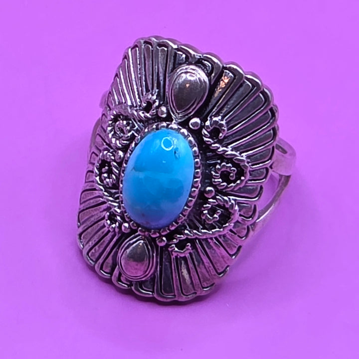 Sterling Silver Long Oval Turquoise Filigree Ring