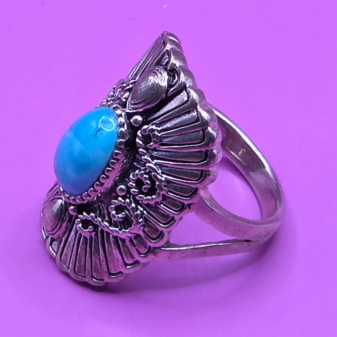 Sterling Silver Long Oval Turquoise Filigree Ring
