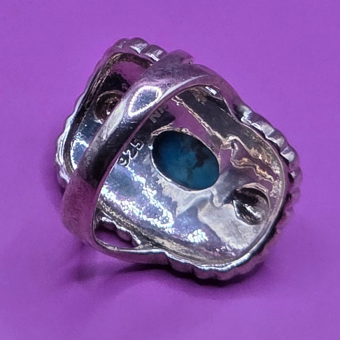 Sterling Silver Long Oval Turquoise Filigree Ring