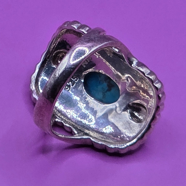 Sterling Silver Long Oval Turquoise Filigree Ring