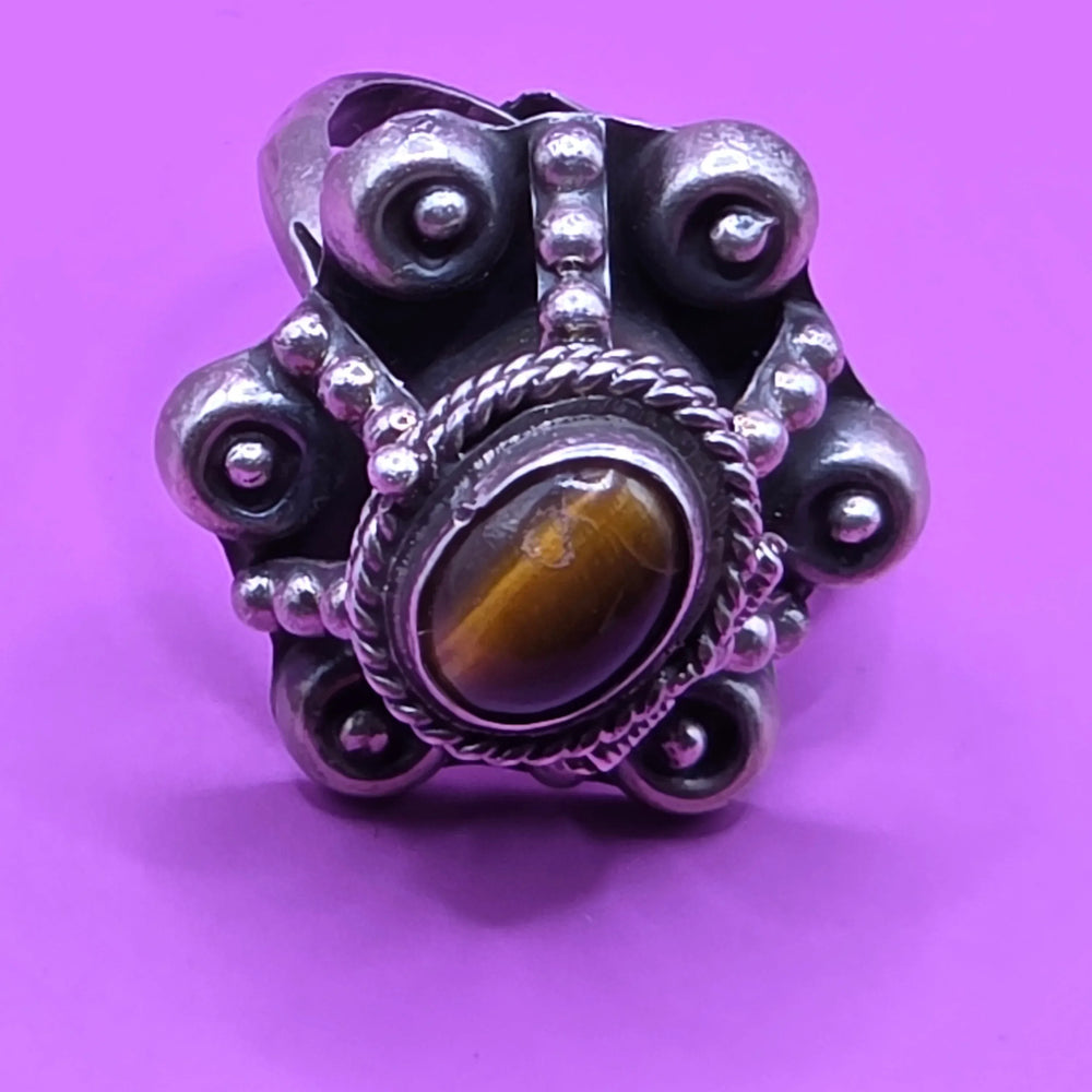 Sterling Silver & Tiger Eye Poison Ring - Estate Jewelry Priced Right
