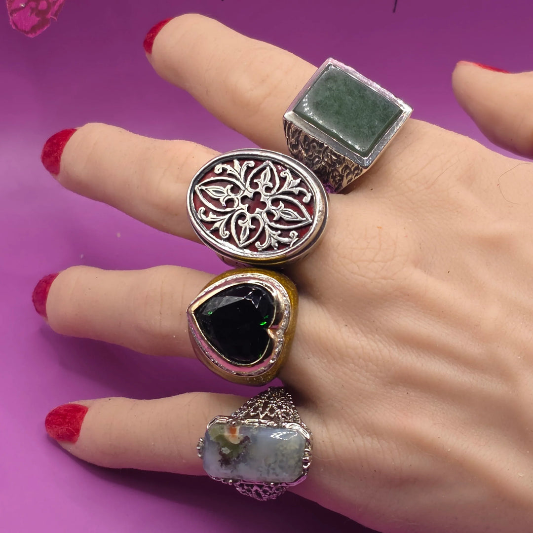 Sterling Silver Rectangular Moss Agate Cocktail Ring - Estate Jewelry Priced Right