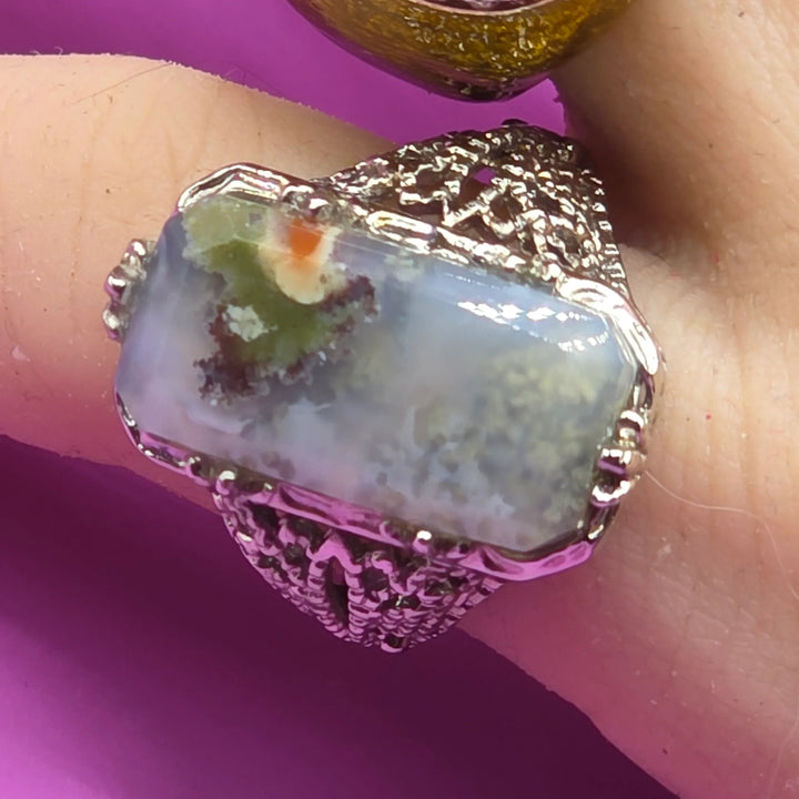 Sterling Silver Rectangular Moss Agate Cocktail Ring - Estate Jewelry Priced Right
