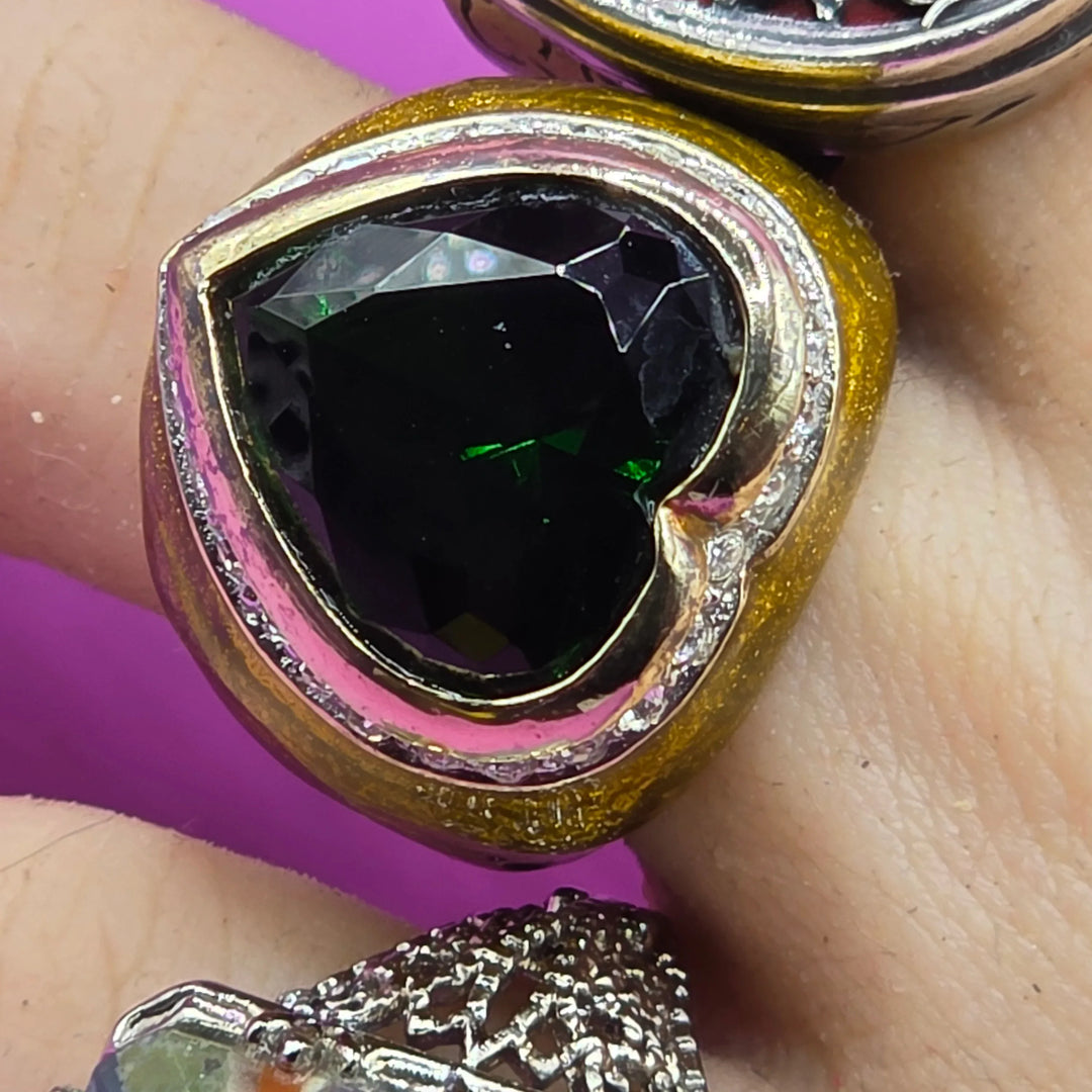 Gold Tinted Sterling Silver Green Glass Heart Statement Ring - Estate Jewelry Priced Right