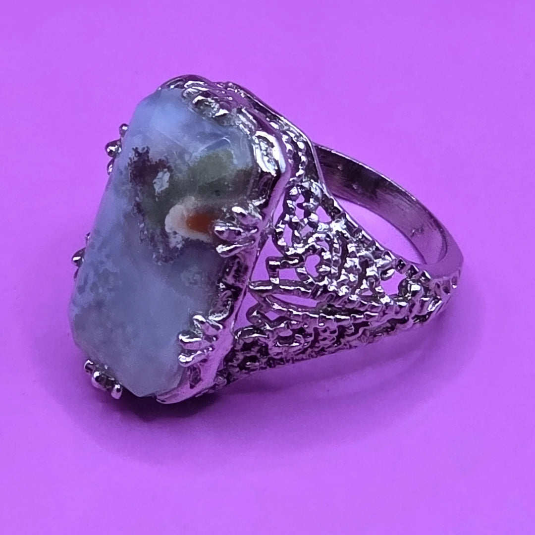 Sterling Silver Rectangular Moss Agate Cocktail Ring - Estate Jewelry Priced Right