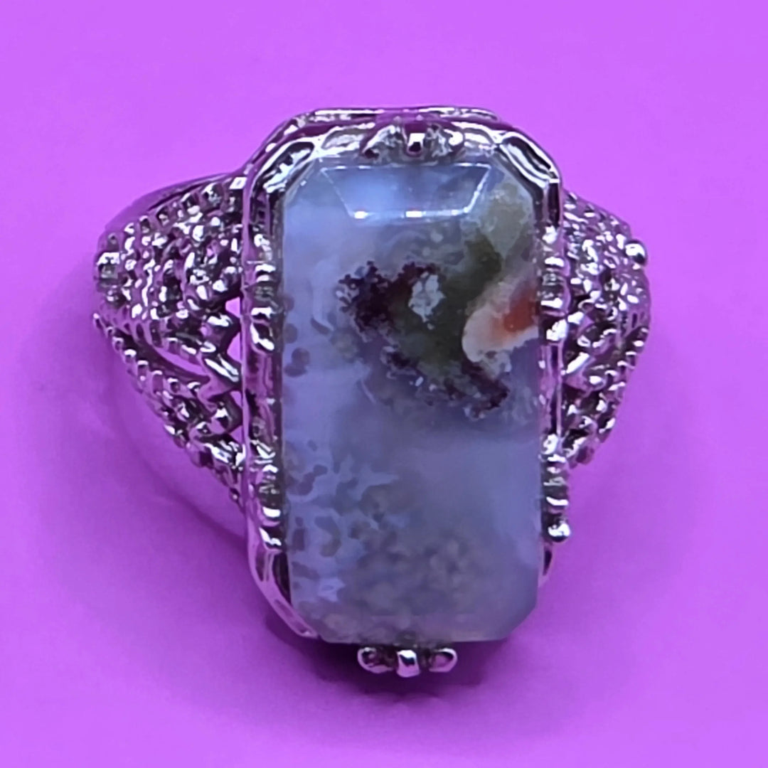 Sterling Silver Rectangular Moss Agate Cocktail Ring - Estate Jewelry Priced Right