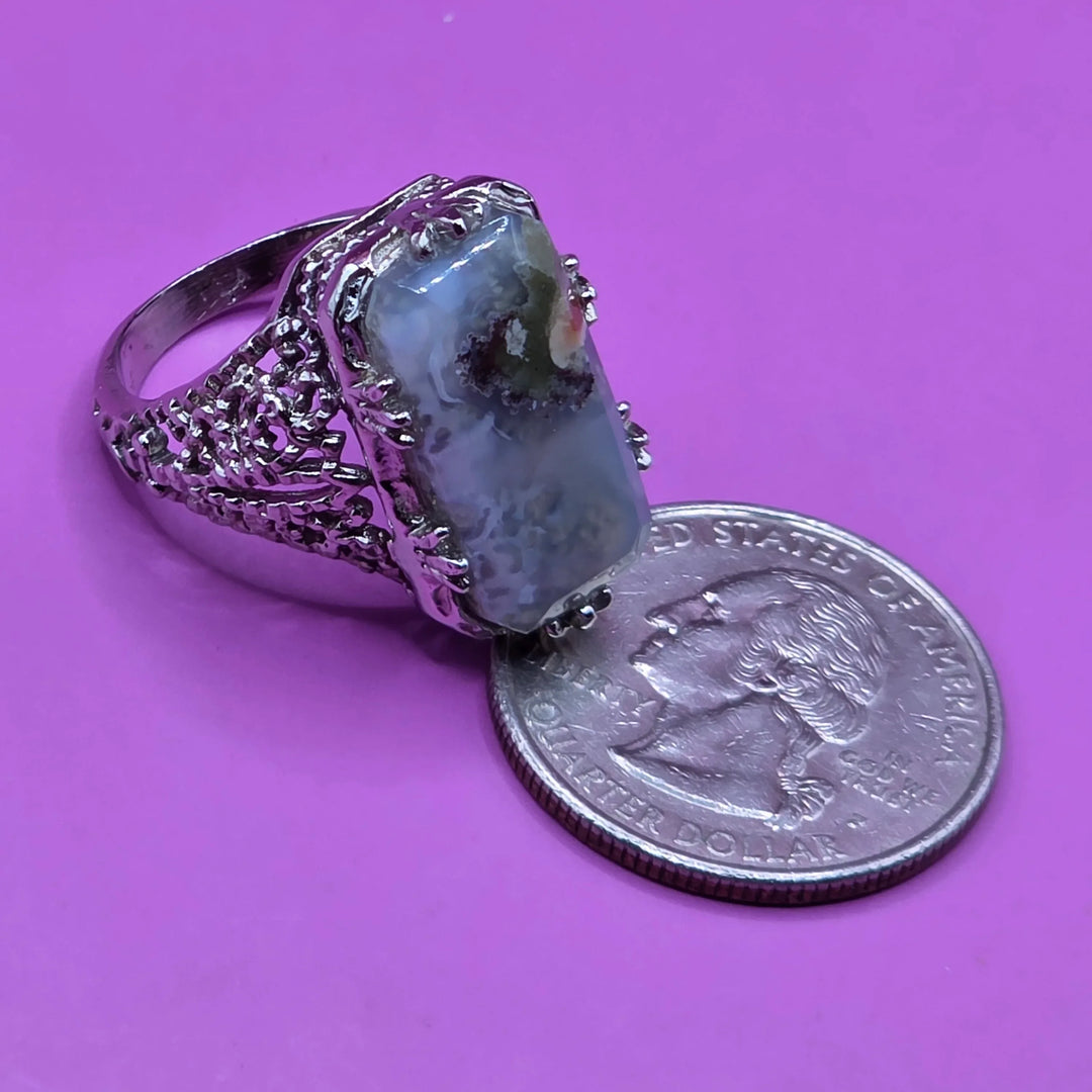 Sterling Silver Rectangular Moss Agate Cocktail Ring - Estate Jewelry Priced Right