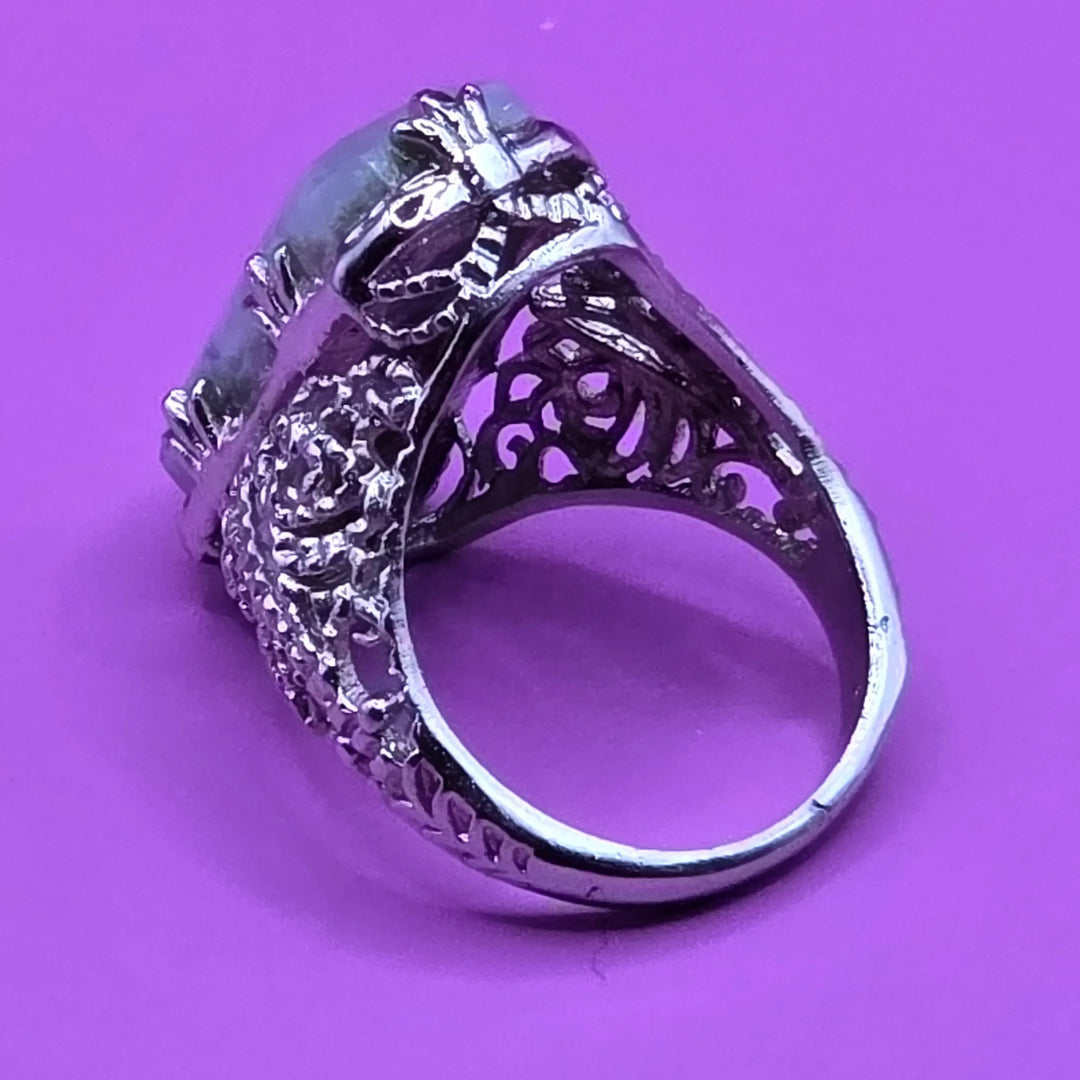 Sterling Silver Rectangular Moss Agate Cocktail Ring - Estate Jewelry Priced Right