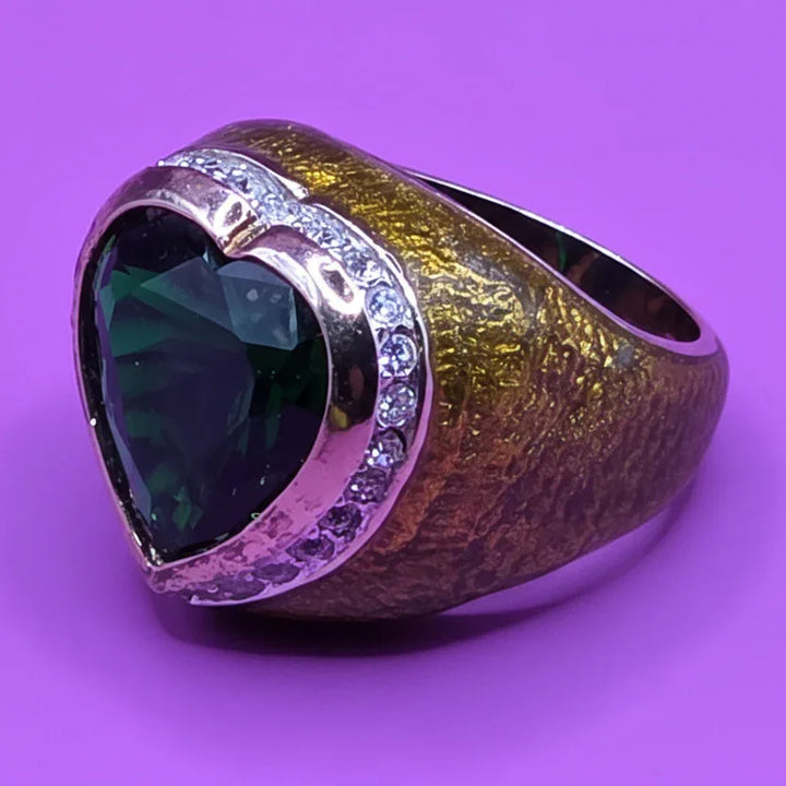 Gold Tinted Sterling Silver Green Glass Heart Statement Ring - Estate Jewelry Priced Right