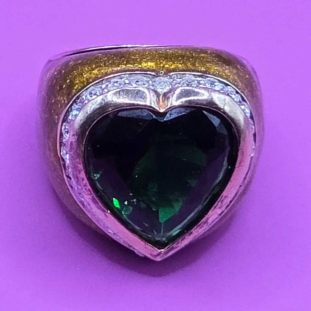 Gold Tinted Sterling Silver Green Glass Heart Statement Ring - Estate Jewelry Priced Right