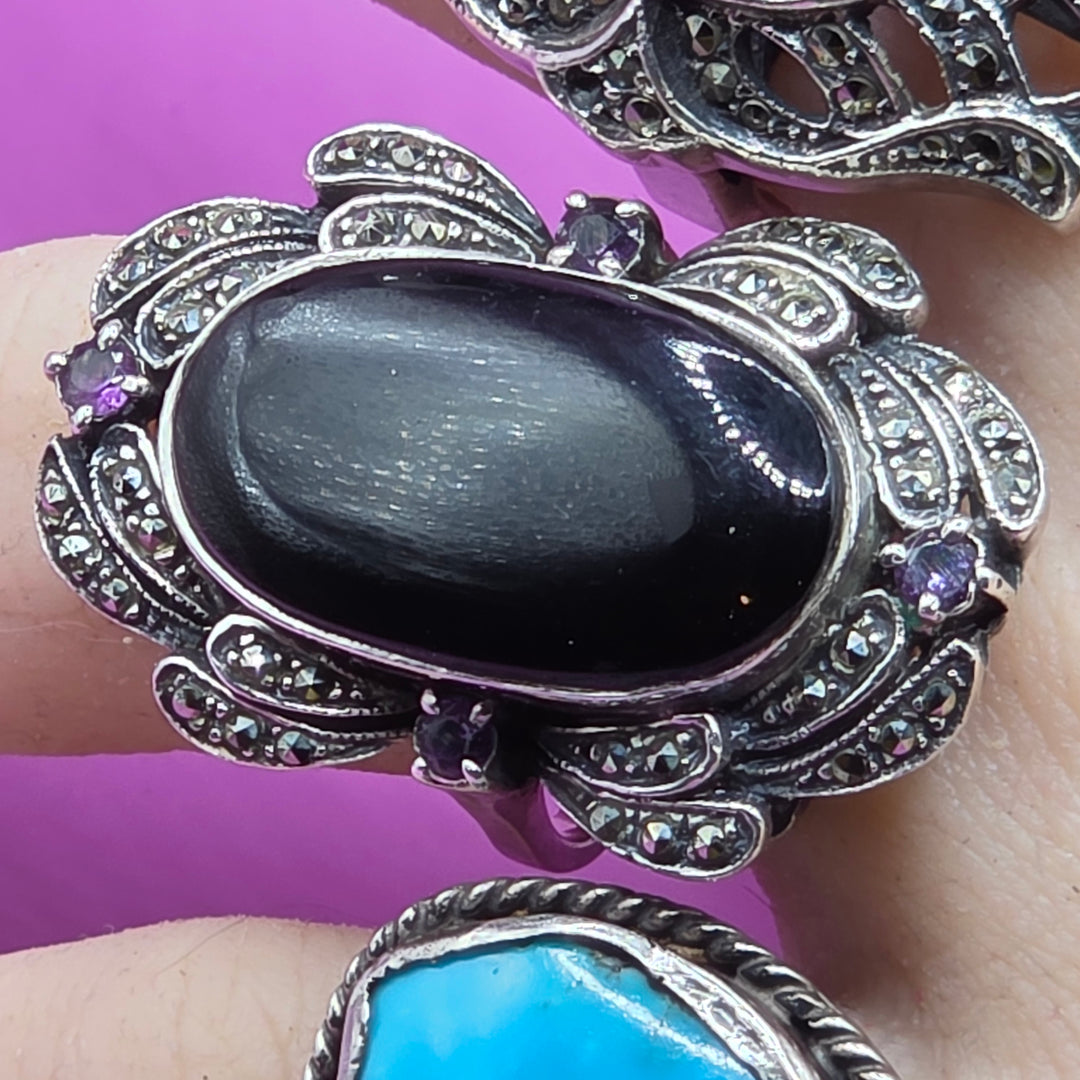 Sterling Silver Long Oval Black Tourmaline North-South Ring