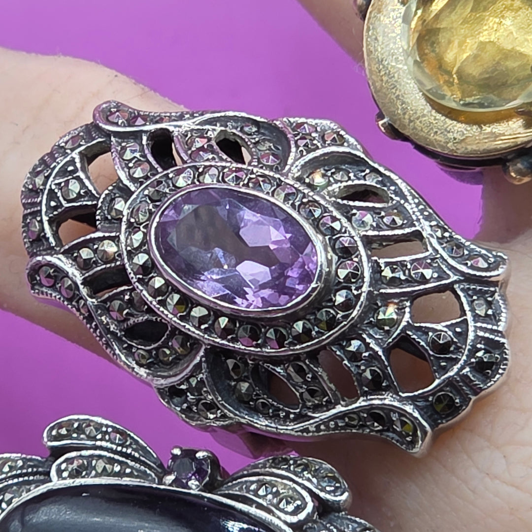 Sterling Silver Open Work North-South Amethyst Ring