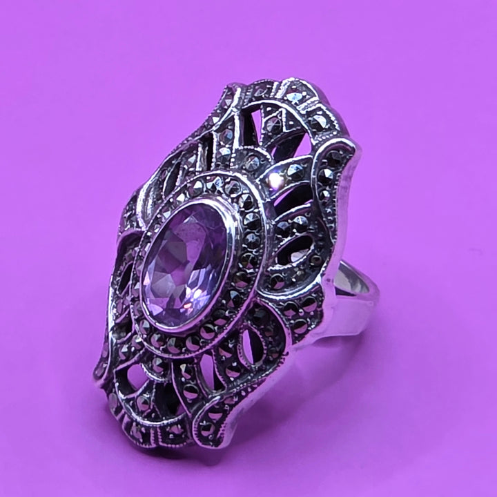 Sterling Silver Open Work North-South Amethyst Ring