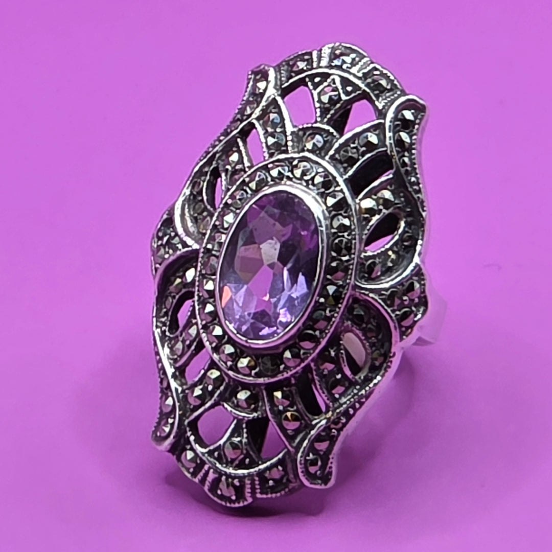 Sterling Silver Open Work North-South Amethyst Ring