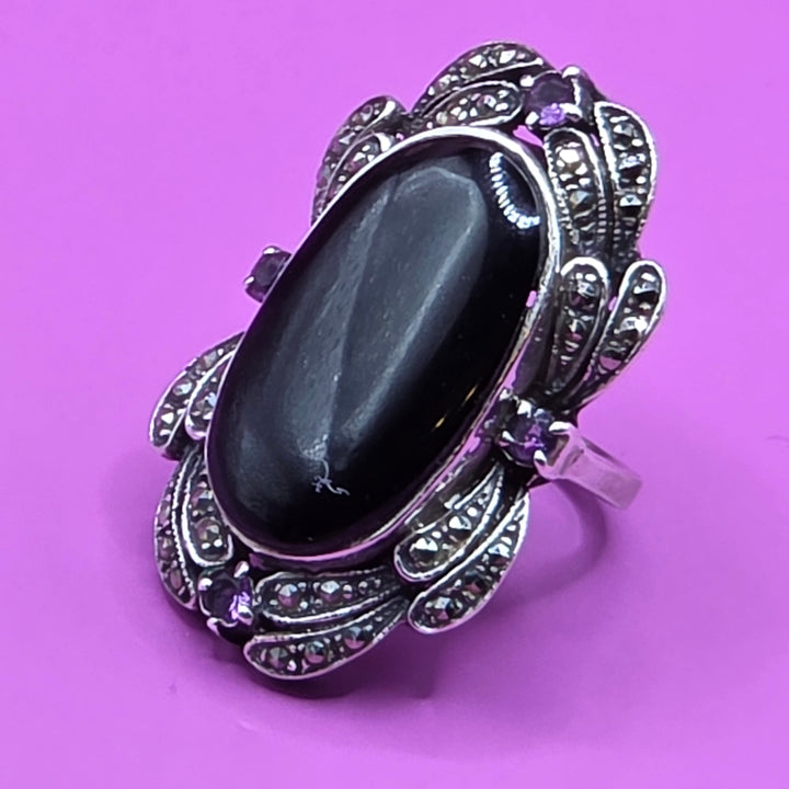 Sterling Silver Long Oval Black Tourmaline North-South Ring