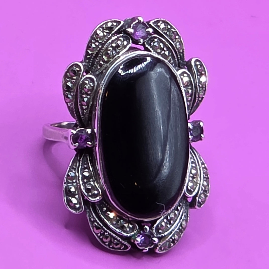 Sterling Silver Long Oval Black Tourmaline North-South Ring