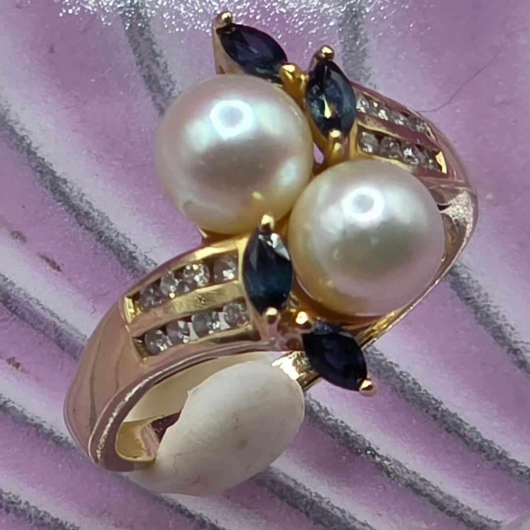 14K Gold, Sapphire, Pearl and Diamond Ring