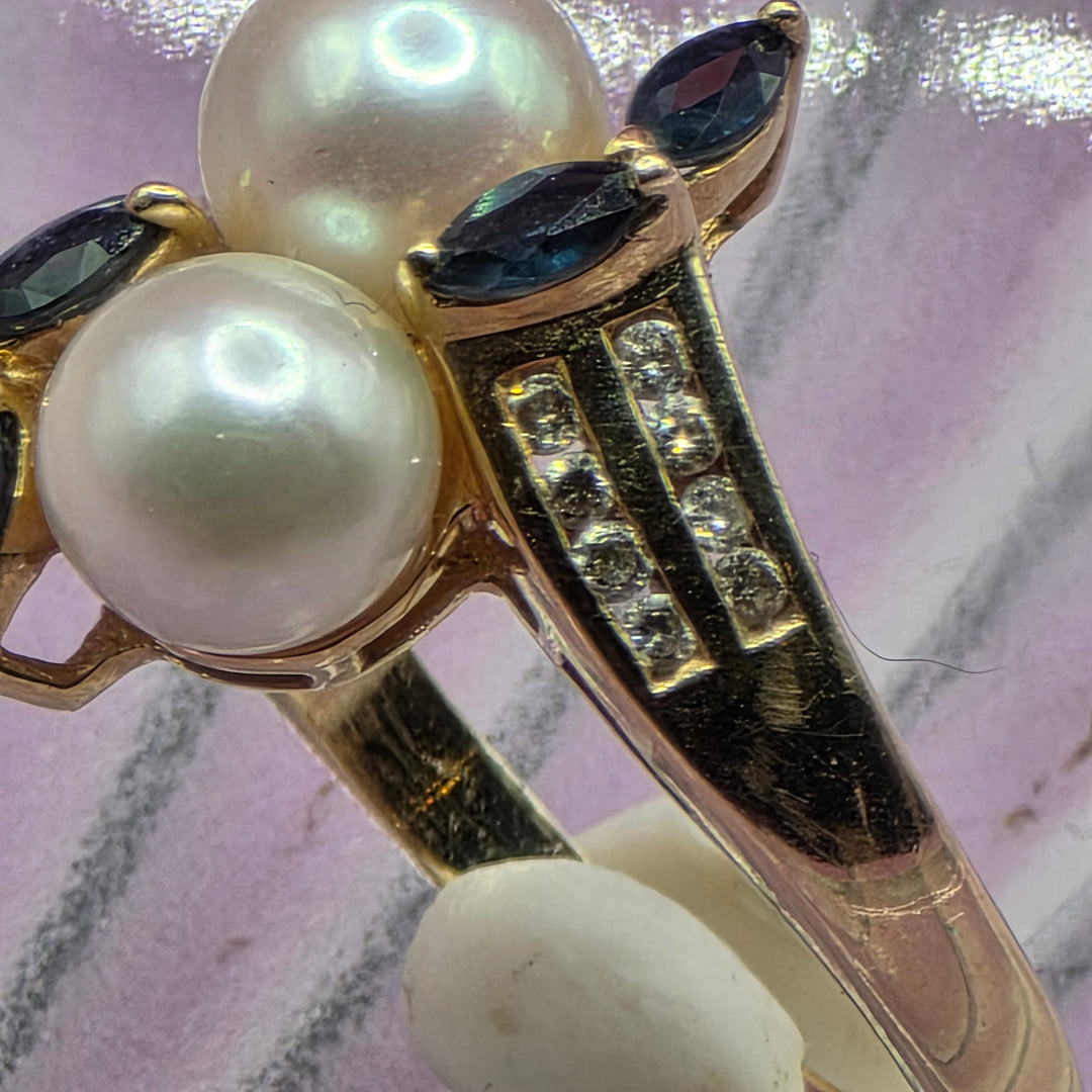 14K Gold, Sapphire, Pearl and Diamond Ring