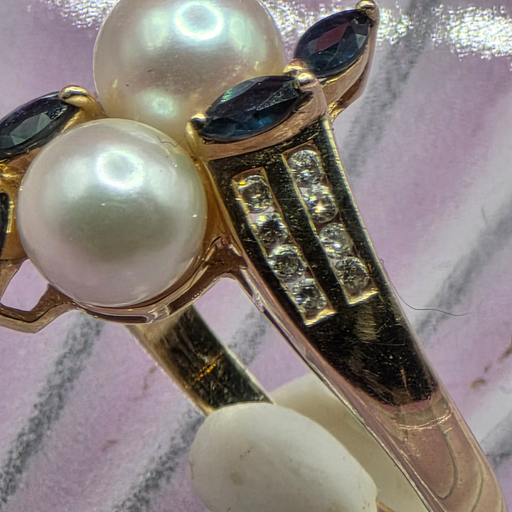 14K Gold, Sapphire, Pearl and Diamond Ring