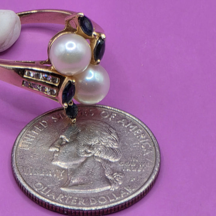 14K Gold, Sapphire, Pearl and Diamond Ring