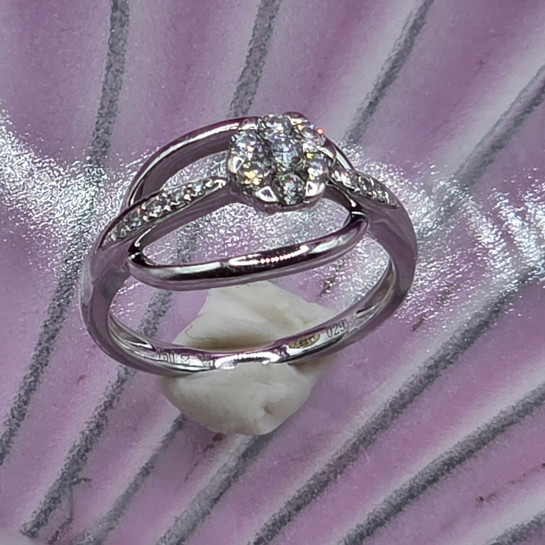 14k White Gold Diamond Cluster Offset Ring