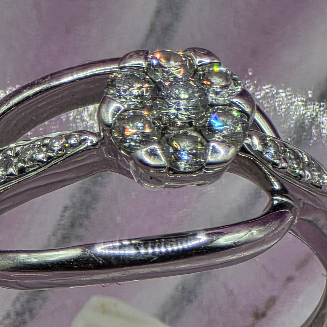 14k White Gold Diamond Cluster Offset Ring