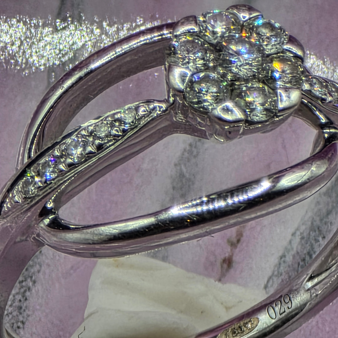 14k White Gold Diamond Cluster Offset Ring