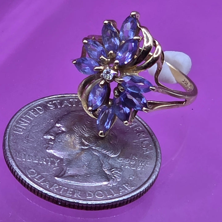 14K Gold, Diamond & Iolite Waterfall Floral Ring