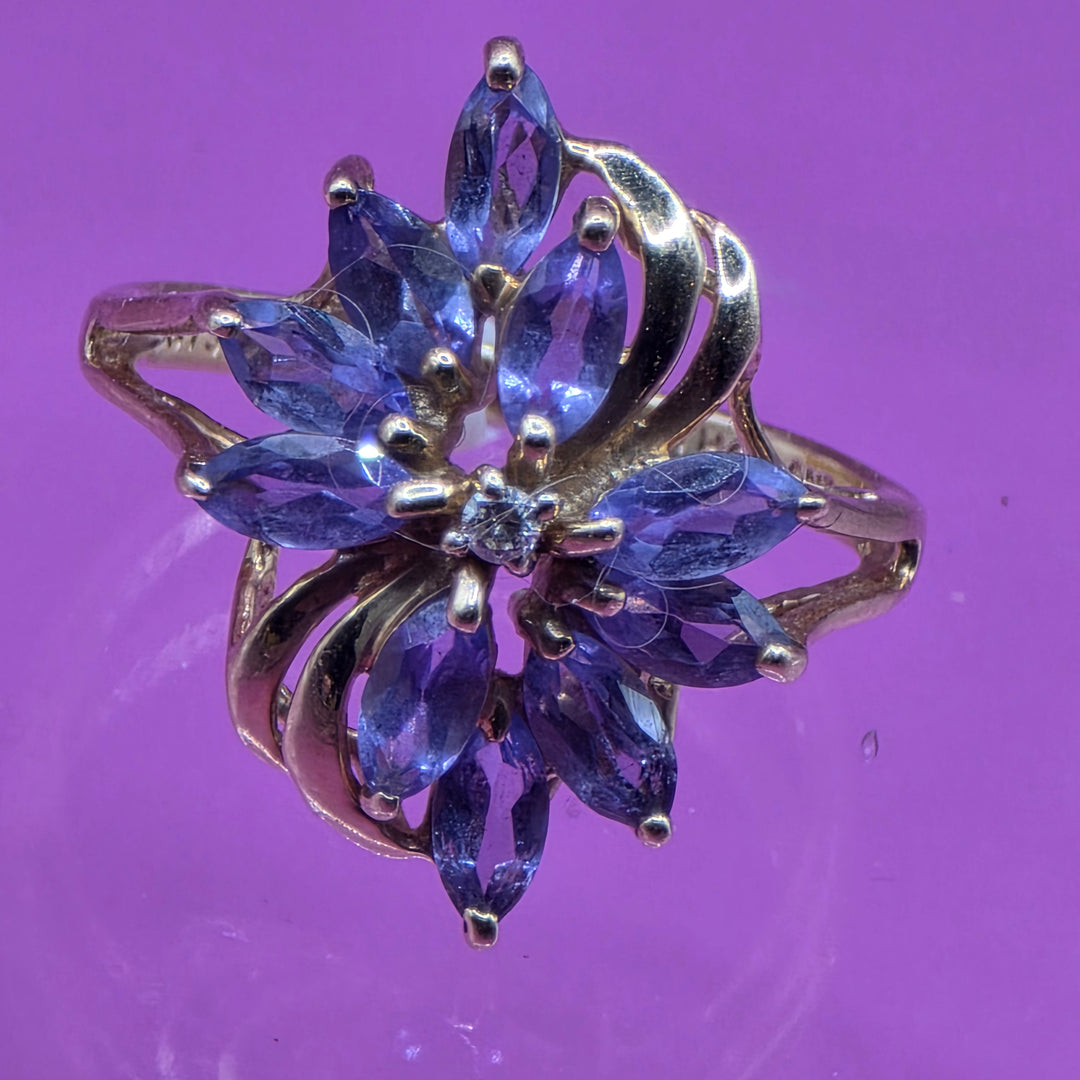 14K Gold, Diamond & Iolite Waterfall Floral Ring