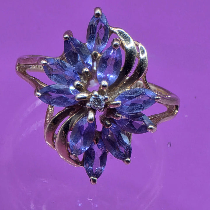 14K Gold, Diamond & Iolite Waterfall Floral Ring