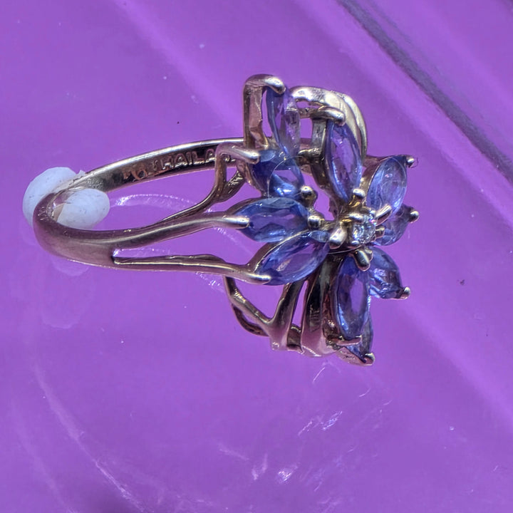 14K Gold, Diamond & Iolite Waterfall Floral Ring